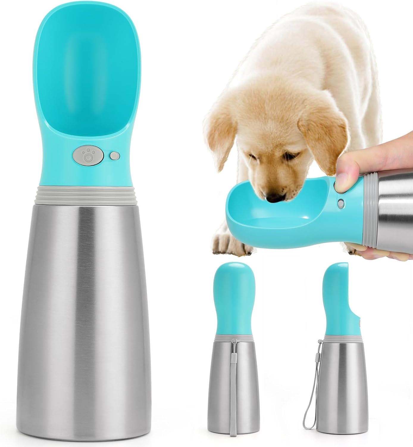 Portable Dog Water Bottle, 14 OZ, Stainless Steel Leak Proof Puppy Water Dispenser with Drinking Feeder for Pets Travel, Walking, Hiking and Outdoor Activities