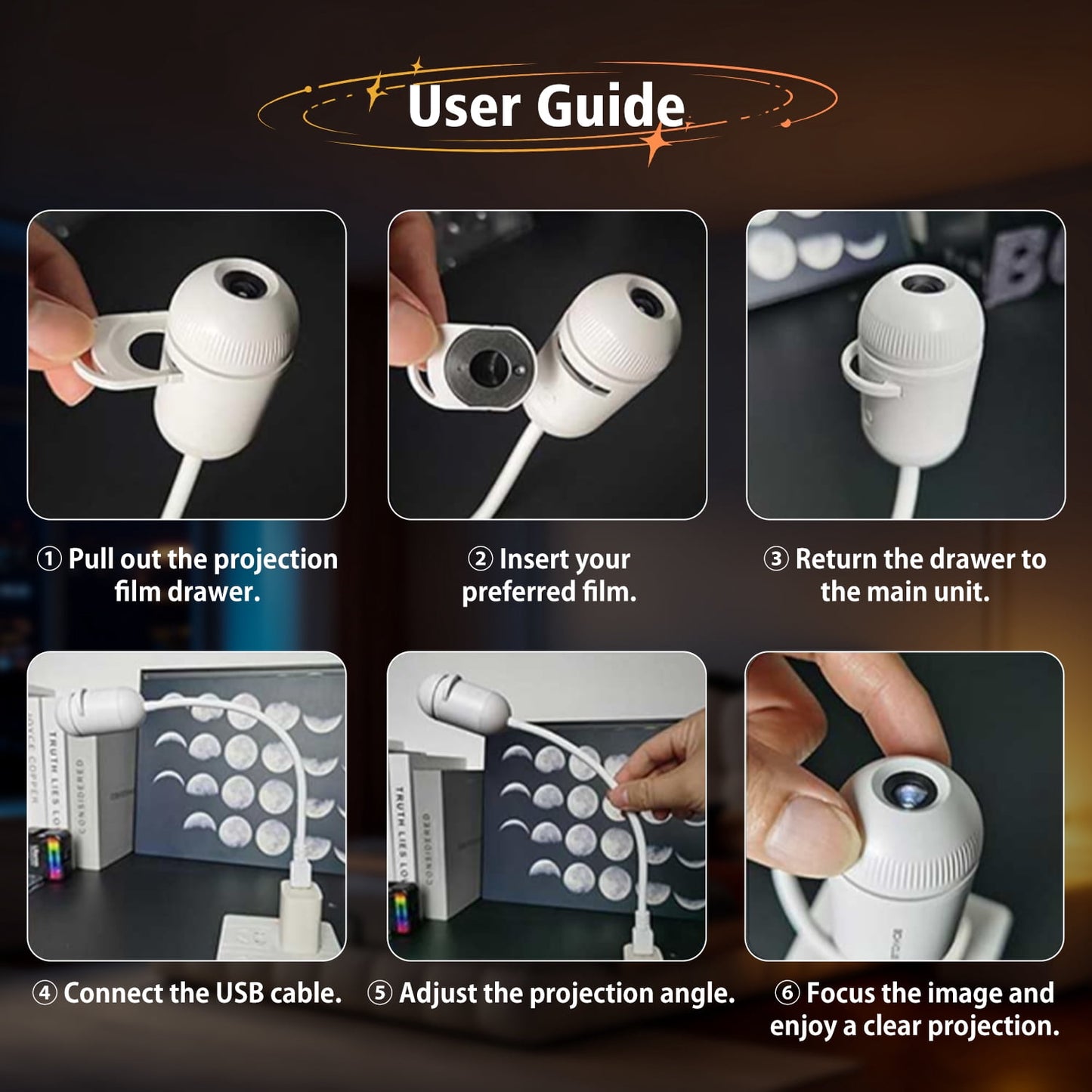 Galaxy Projector Night Light,USB Power Light with  Sliding Projection Films,Adjustable Brightness 360° Rotating Design for Car and Home Decoration