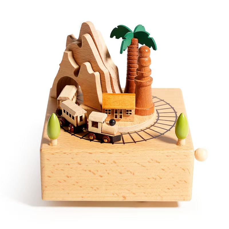 Wood Musical Box Birthday HomeDecoration Rotating Music Boxes MagneticTrain Toy with Mountain Tunnel for Kids BoysGirls