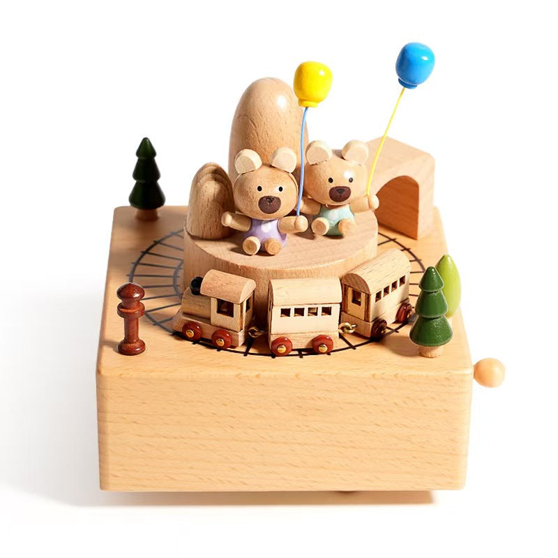 Wood Musical Box Birthday HomeDecoration Rotating Music Boxes MagneticTrain Toy with Mountain Tunnel for Kids BoysGirls