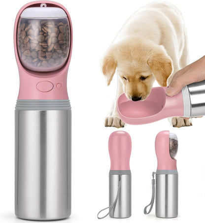 Portable Dog Water Bottle, 14 OZ, Stainless Steel Leak Proof Puppy Water Dispenser with Drinking Feeder for Pets Travel, Walking, Hiking and Outdoor Activities