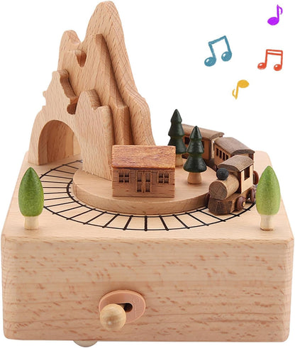 Wood Musical Box Birthday HomeDecoration Rotating Music Boxes MagneticTrain Toy with Mountain Tunnel for Kids BoysGirls