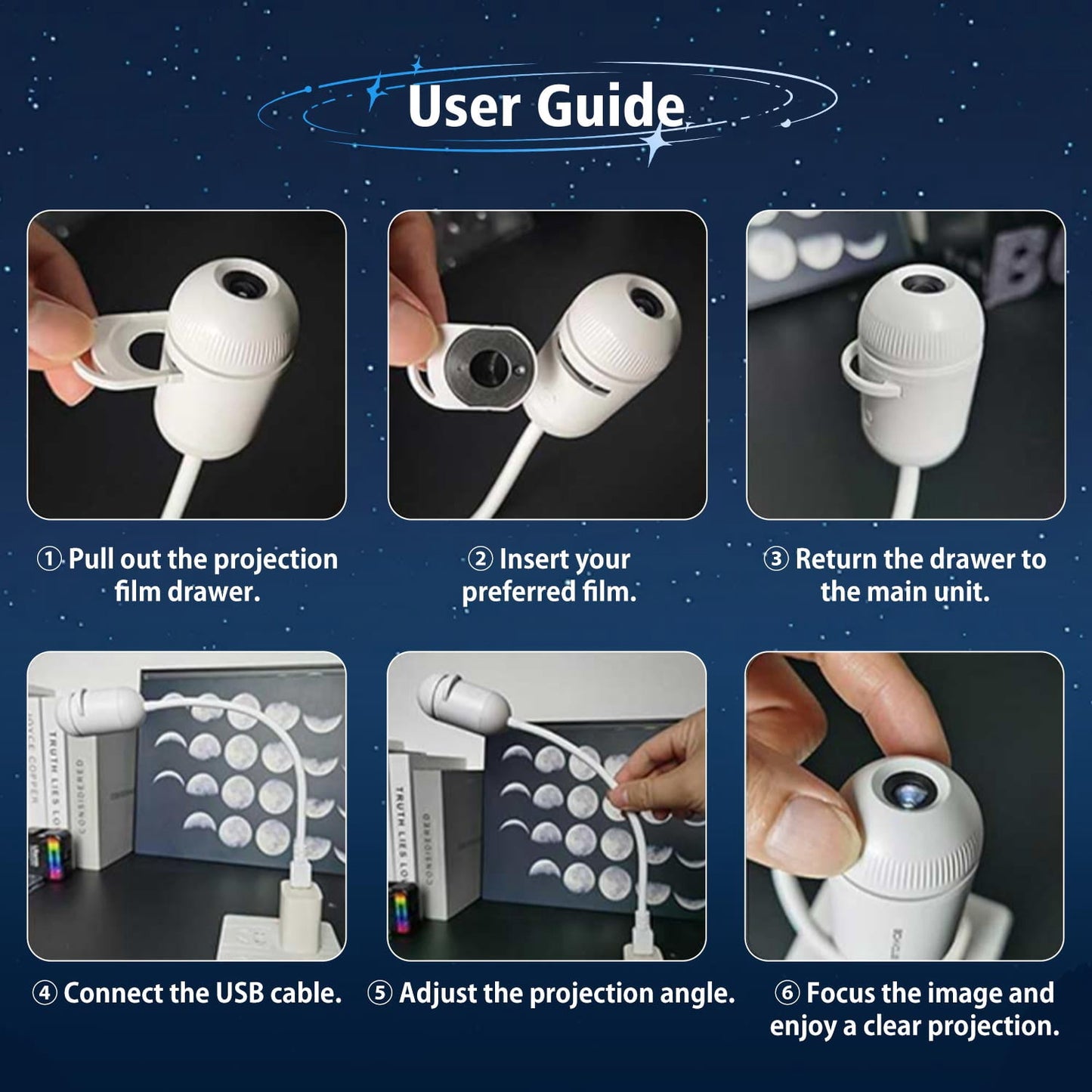 Galaxy Projector Night Light,USB Power Light with  Sliding Projection Films,Adjustable Brightness 360° Rotating Design for Car and Home Decoration