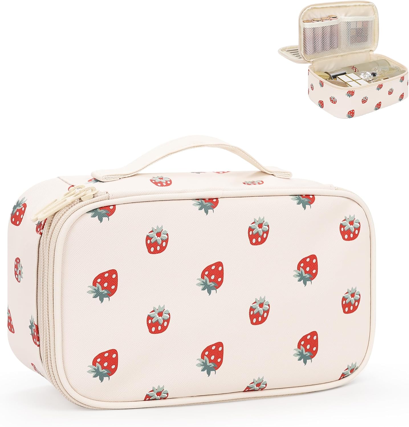 Travel Makeup Bag, Small Floral Cosmetic Bag with Makeup Brush Compartment