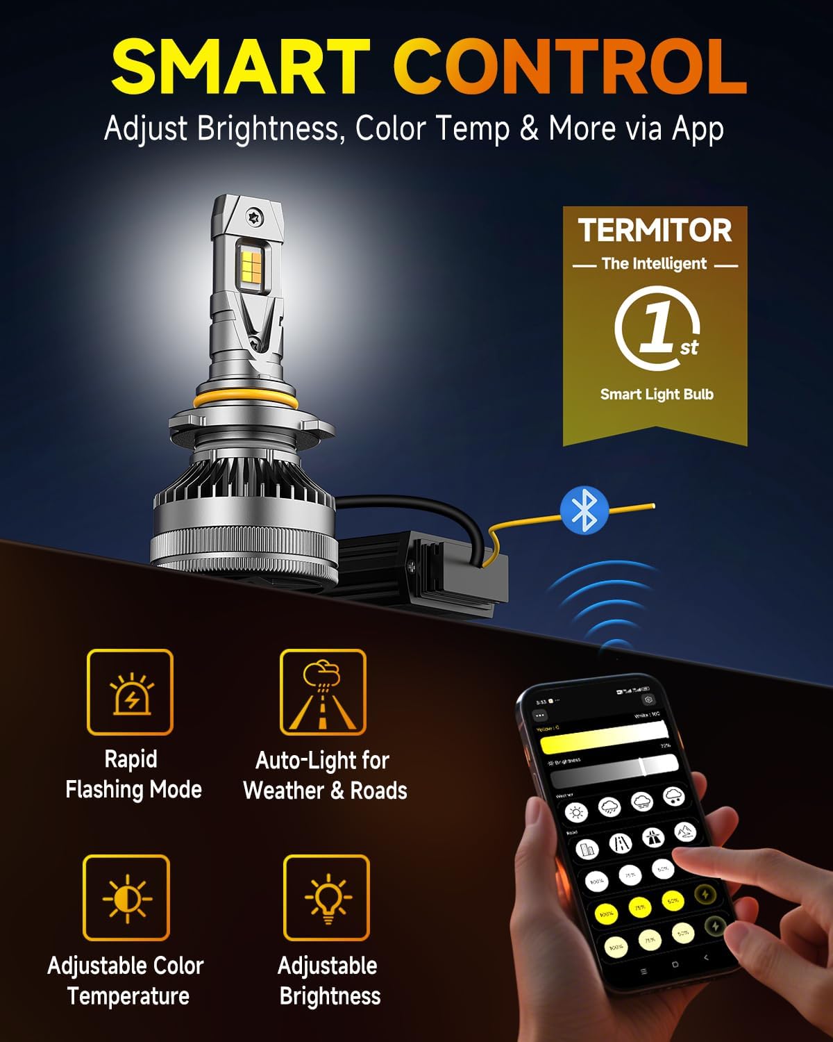 9005/HB3 Smart LED Bulbs, 90,000LM, App-Controlled, 3000K-6500K (2-Pack)