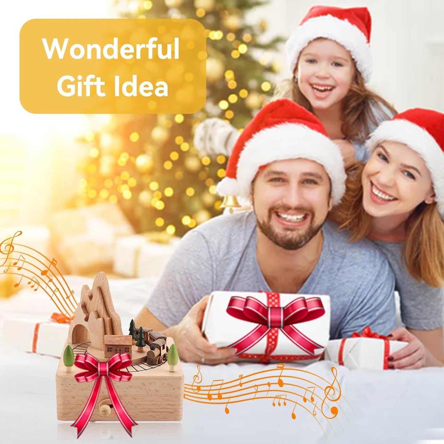 Wood Musical Box Birthday HomeDecoration Rotating Music Boxes MagneticTrain Toy with Mountain Tunnel for Kids BoysGirls