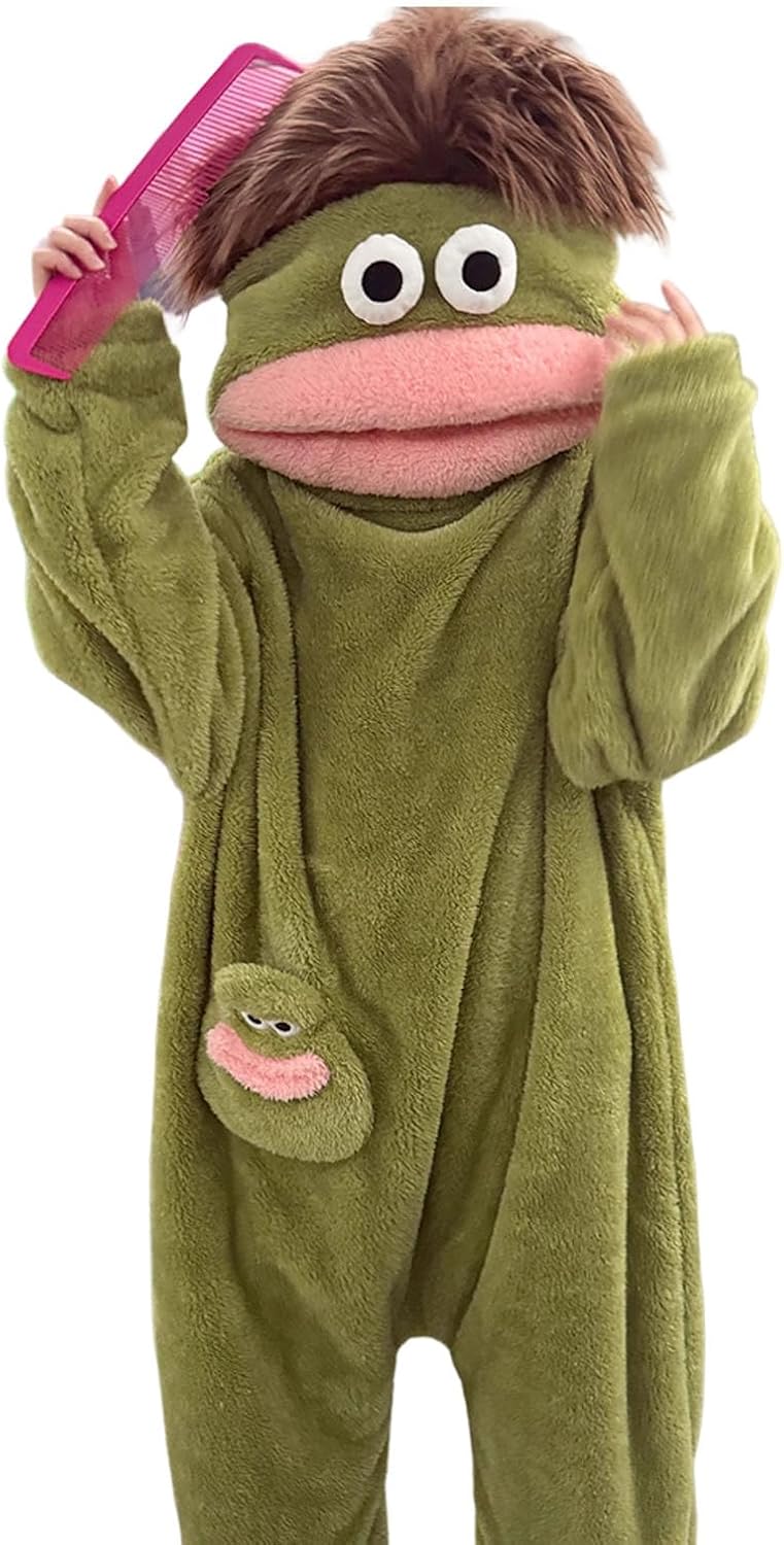 Silly Onesie, Funny Green Monster Hooded Fleece OnesiePajamas, Cozy Ultra-Soft Plush One-Piece Loungewear