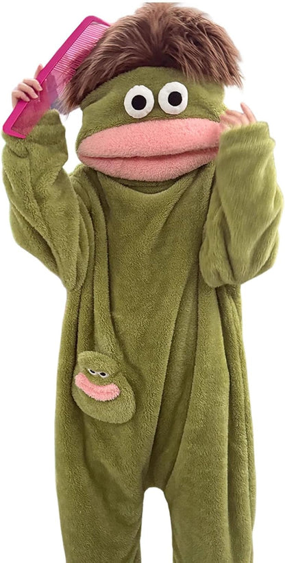 Silly Onesie, Funny Green Monster Hooded Fleece OnesiePajamas, Cozy Ultra-Soft Plush One-Piece Loungewear