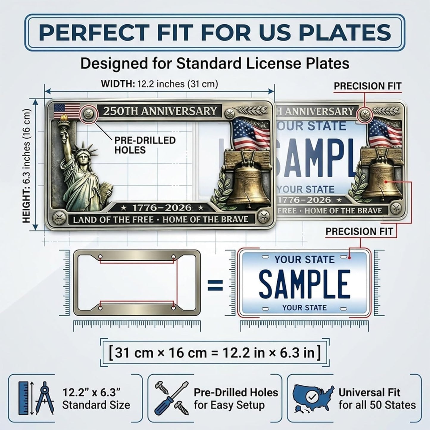250th Anniversary Commemorative License Plate Frame, Fits Standard (1pc)