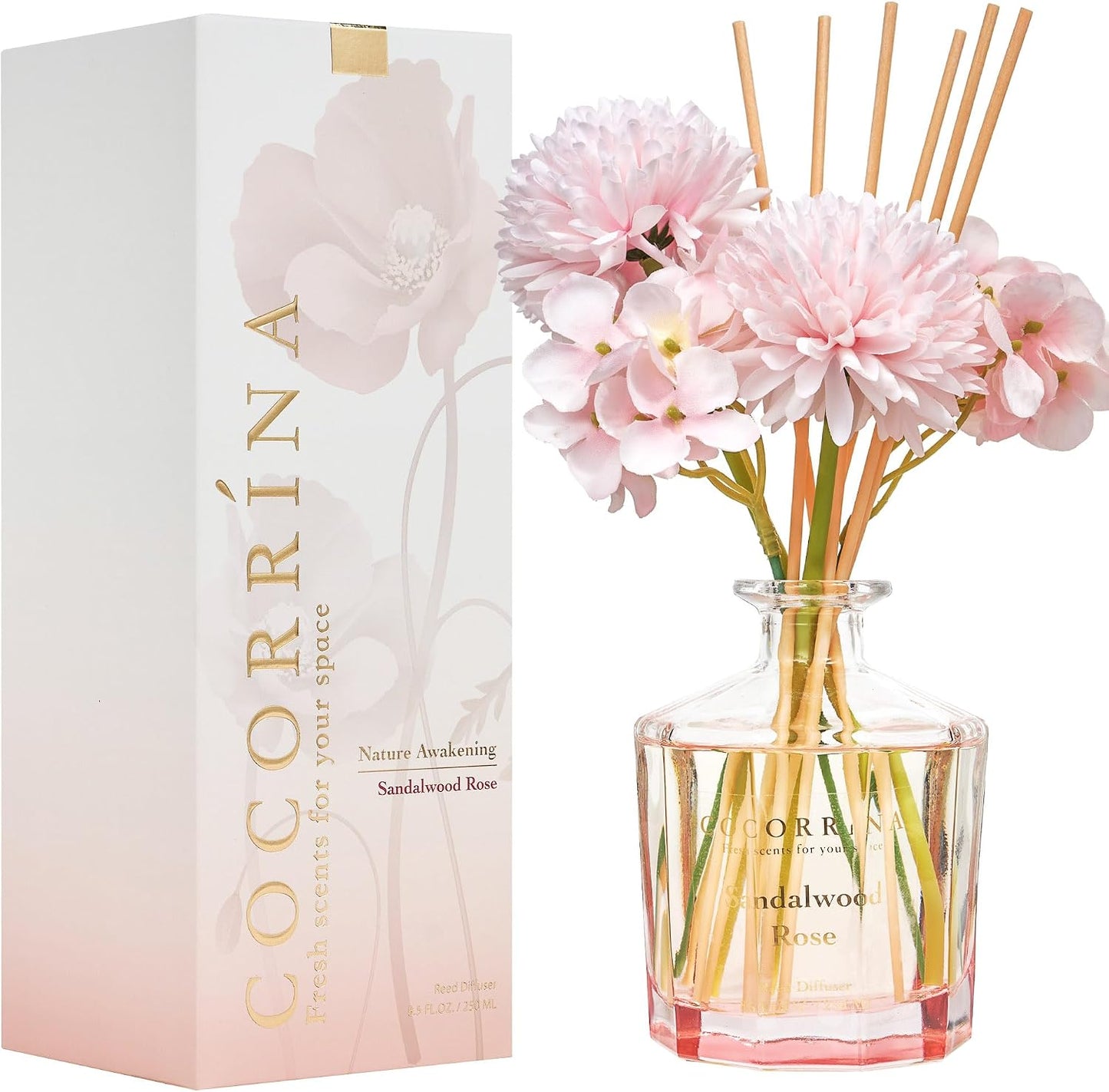 Reed Diffuser - Sandalwood Rose 8.5 Fl.oz Flower Reed Diffuser Set with 8 Sticks, Home Fragrance Reed Diffuser for Home Bedroom Office Bathroom Shelf Decor (Master Collection)