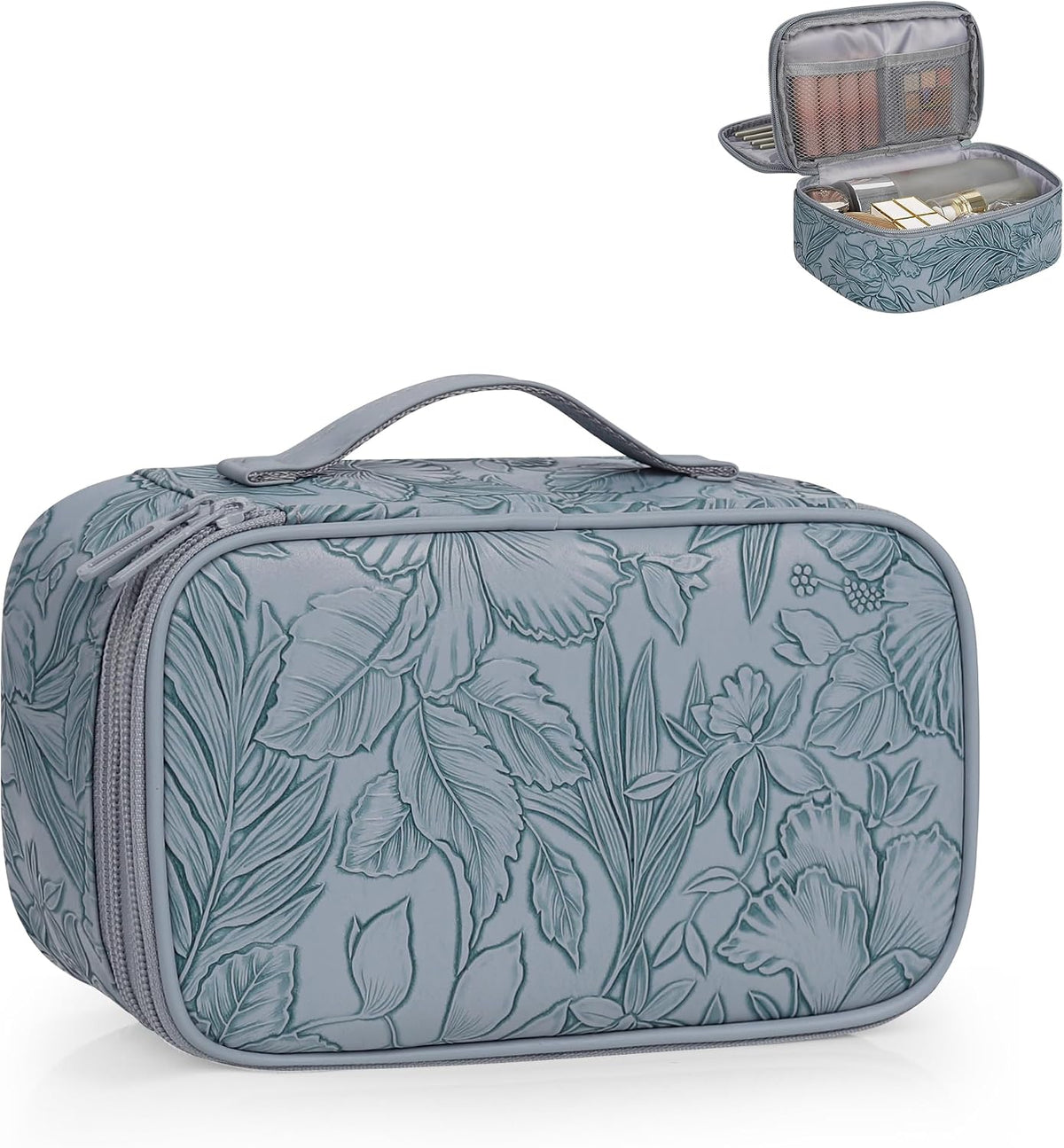 Travel Makeup Bag, Small Floral Cosmetic Bag with Makeup Brush Compartment