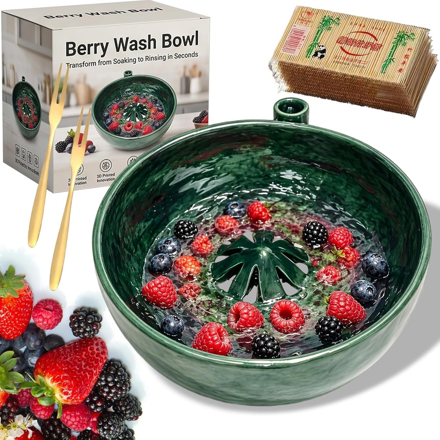 Self Spinning Berry Washing Bowl Ceramic,Automatic swirl fruit colander with drain hole