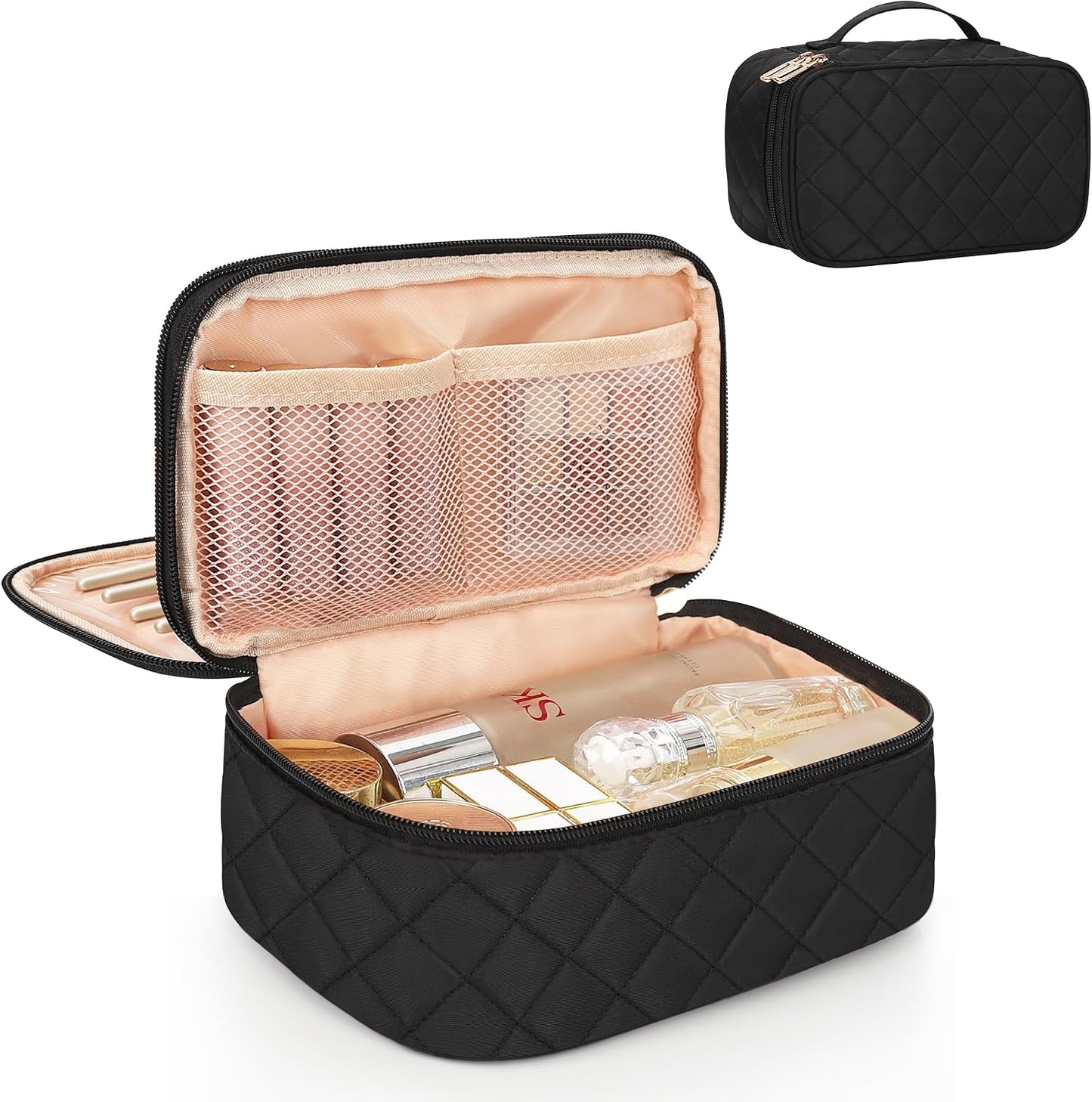 Travel Makeup Bag, Small Floral Cosmetic Bag with Makeup Brush Compartment