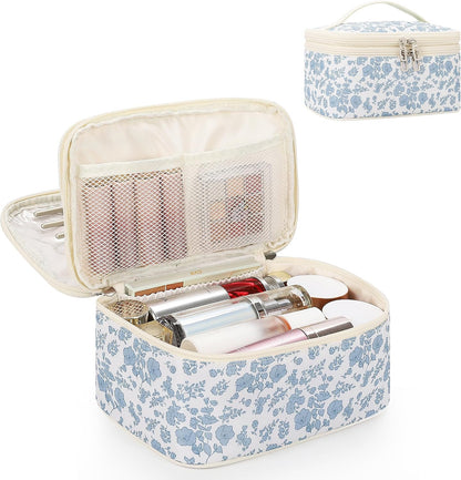 Travel Makeup Bag, Small Floral Cosmetic Bag with Makeup Brush Compartment