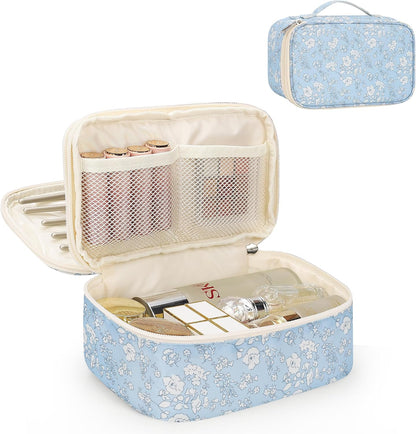Travel Makeup Bag, Small Floral Cosmetic Bag with Makeup Brush Compartment