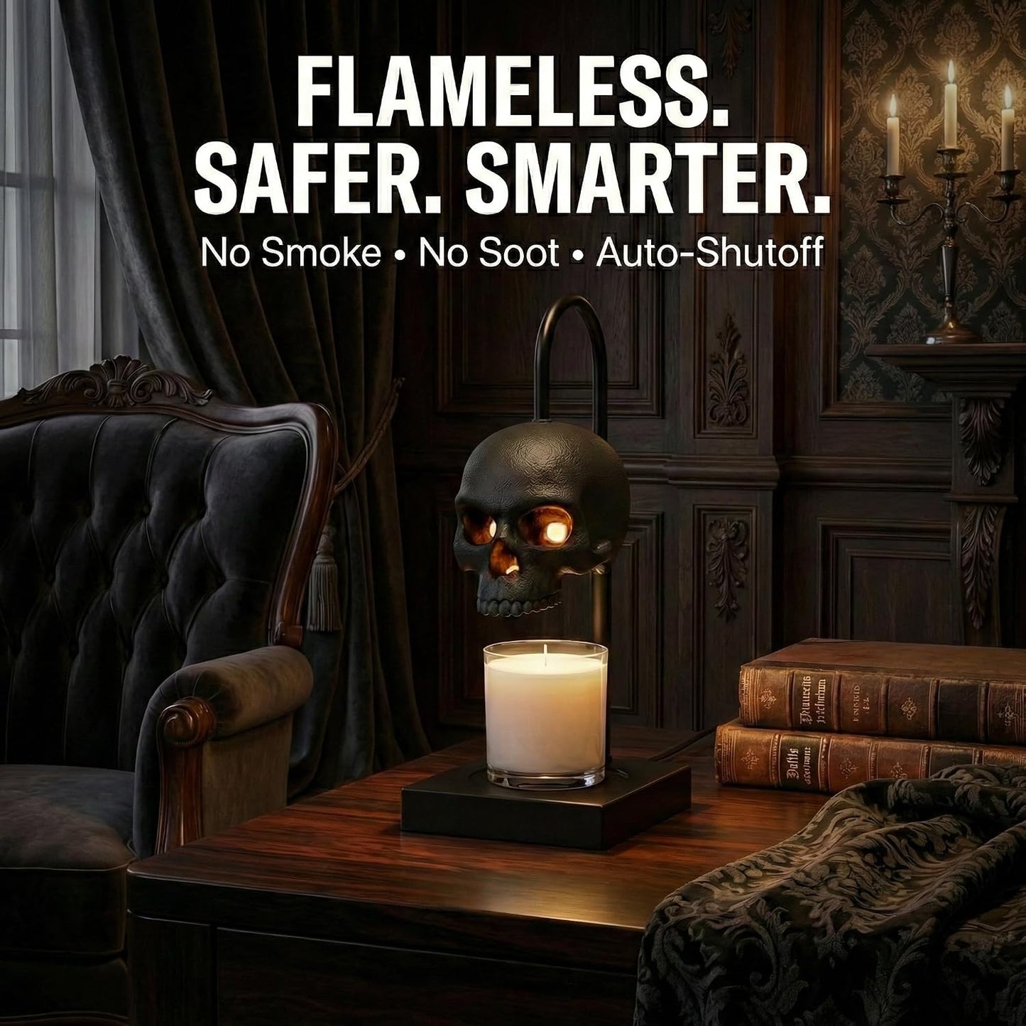 Skull Candle Warmer Lamp with Timer and Dimmer, Black Gothic Decor