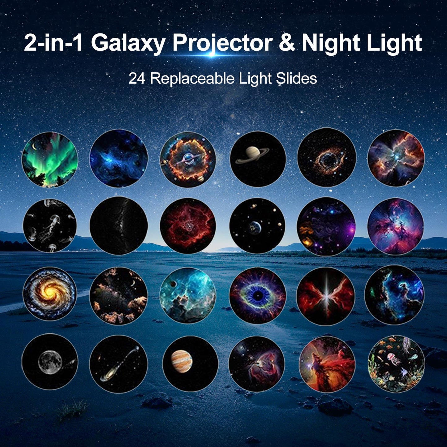 Galaxy Projector Night Light,USB Power Light with  Sliding Projection Films,Adjustable Brightness 360° Rotating Design for Car and Home Decoration
