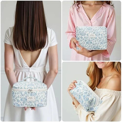 Travel Makeup Bag, Small Floral Cosmetic Bag with Makeup Brush Compartment