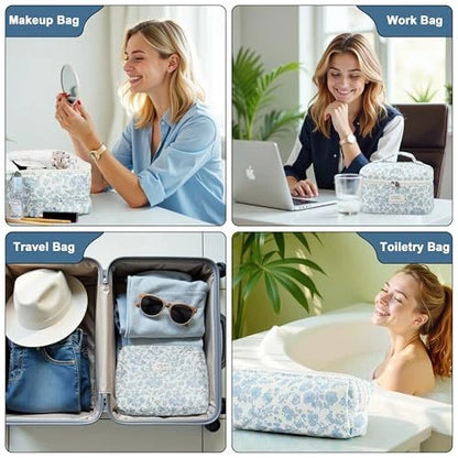 Travel Makeup Bag, Small Floral Cosmetic Bag with Makeup Brush Compartment